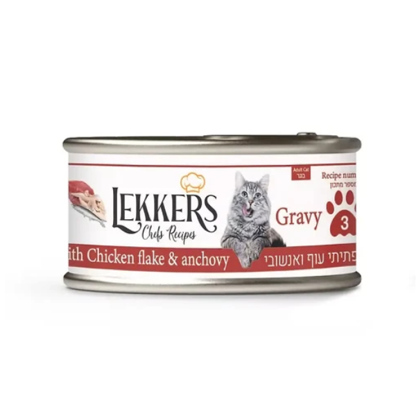 LEKKERS - מעדן חתולים טונה אדומה ופתיתי עוף ואנשובי (3)- 85 גרם
