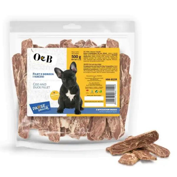 O&B חטיף רצועות דג קוד וברווז - 500 גרם