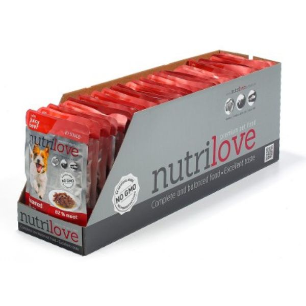 נוטרילאב פאוץ לכלבים רצועות פילה בקר ברוטב שרוול 28 יח' * 85 גרם