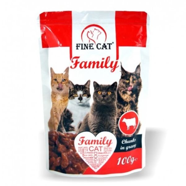 Fine Cat פיין קט פמילי מעדן פאוץ לחתולים עם בקר - 100 גרם