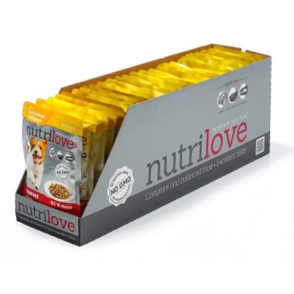 נוטרילאב פאוץ לכלבים רצועות פילה עוף ברוטב שרוול 28 יח' * 85 גרם