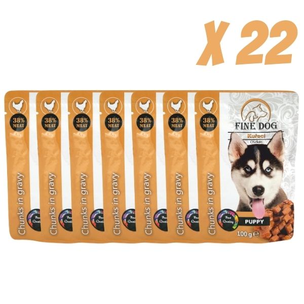 Fine dog שרוול מעדן פאוץ לכלבים עם עוף לגורים - 22 יח * 100 גרם