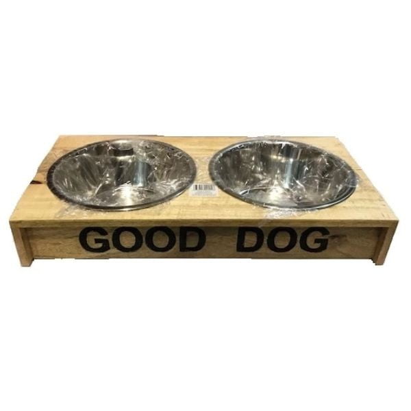 מתקן עץ דקורטיבי עם 2 קערות נירוסטה