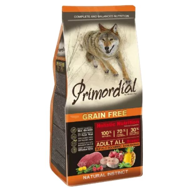 פרימורדיאל ללא דגנים לכלבים בוגרים באפלו ומקרל - 12 ק"ג
