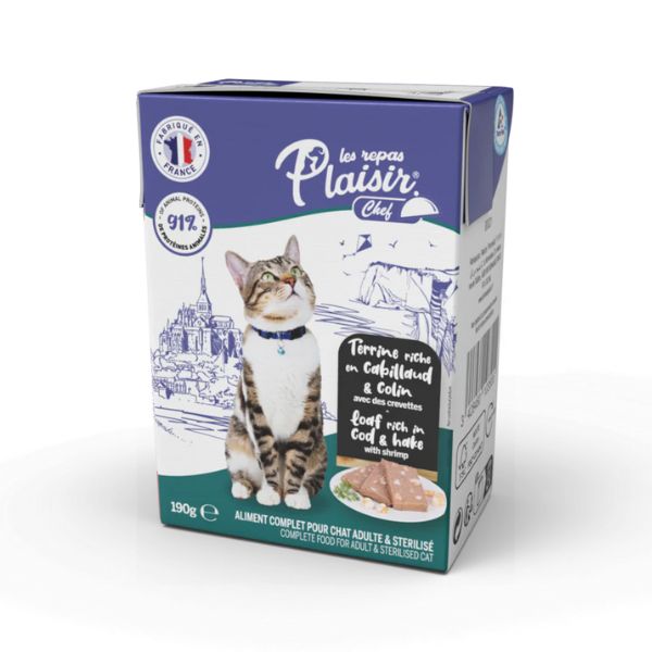 פלסיר שף חתולים קרטונית תבשיל פטה בקלה ודג הייק עם שרימפס - 190 גרם