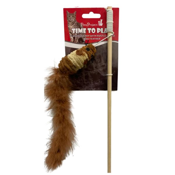 פטסלנד צעצוע חכה לחתול עכבר עם נוצות ארוכות