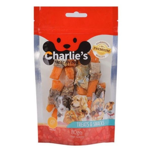 צארליז חטיף לכלבים מקלות בטטה עטופים עור דג - 80 גרם