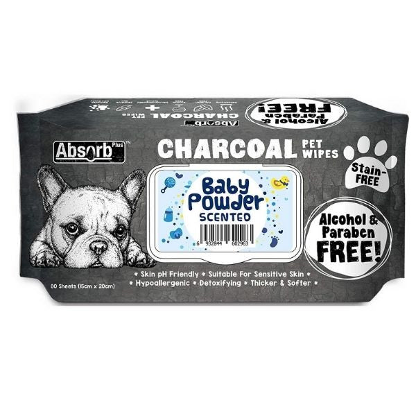 Absorb מגבונים עם פחם פעיל לכלבים וחתולים היפואלרגי - בייבי פאודר