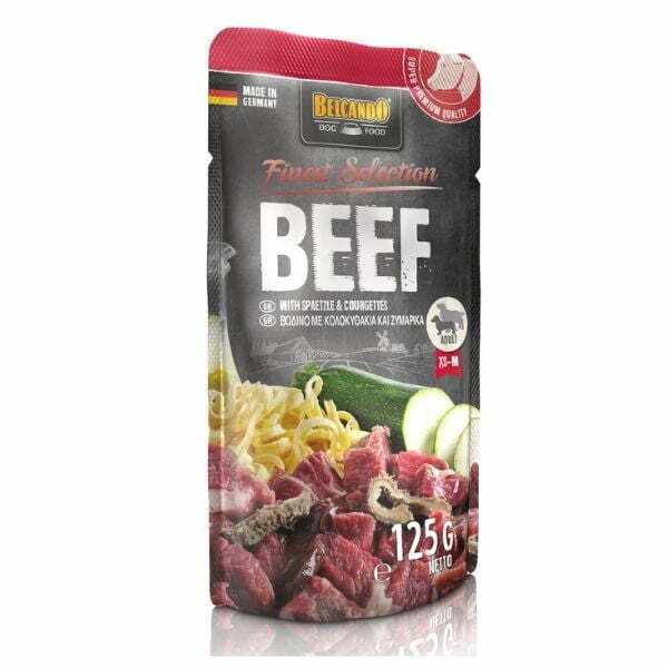 בלקנדו מחית מזון רטוב פאוץ' לכלבים - בקר, אטריות וקישואים - 125 גרם