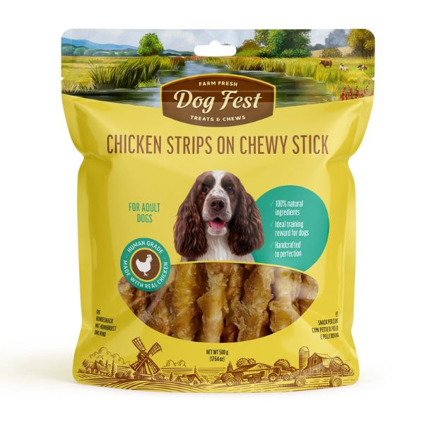 דוג פסט חטיף לכלבים רצועות עוף על מקל לעיסה אריזת חסכון - 500 גרם