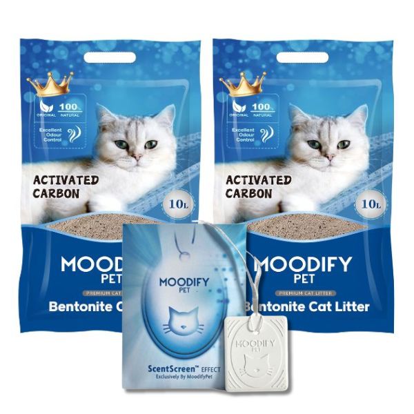 זוג מודיפיי Moodify חול לחתולים מתגבש בתוספת פחם פעיל + תליון מודיפיי במתנה! – 10 ליטר * 2 יח'