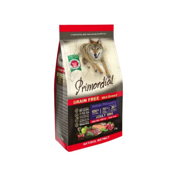 פרימורדיאל ללא דגנים לכלבים בוגרים פורל וברווז גזע קטן  - 2 ק"ג